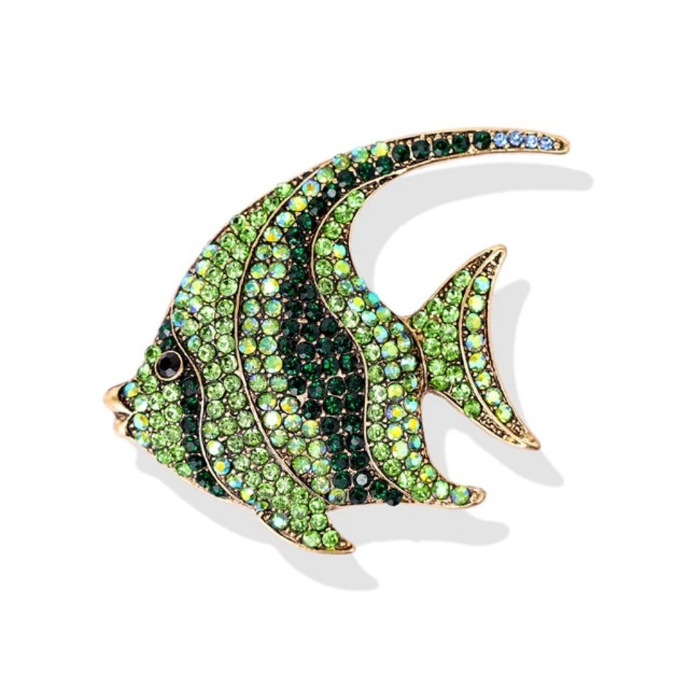 Green Rhinestone Angelfish Pin Broach